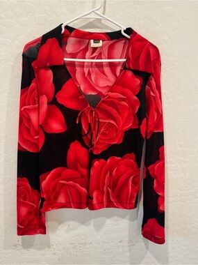 Y2K Bold Floral Sheer Blouse Tied Front Open Front Womens Large Fairycore